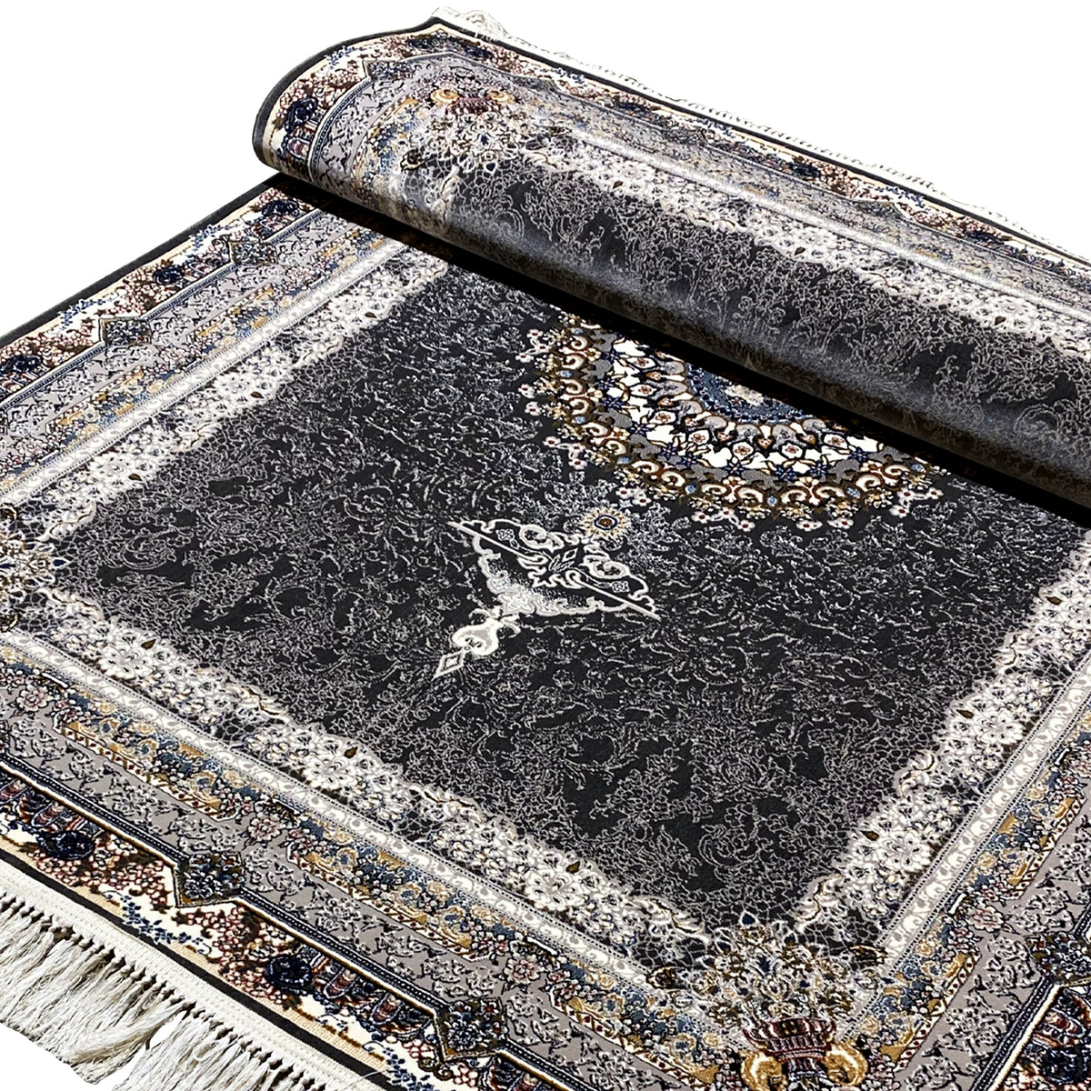 Black oriental rug rolled up, with silver lines, a golden medallion, and decorative borders