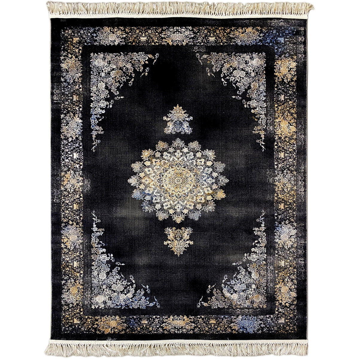 Krakow geo-design rug with a dark background and floral ornaments, with fringes