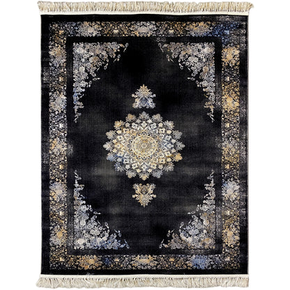 Krakow geo-design rug with a dark background and floral ornaments, with fringes