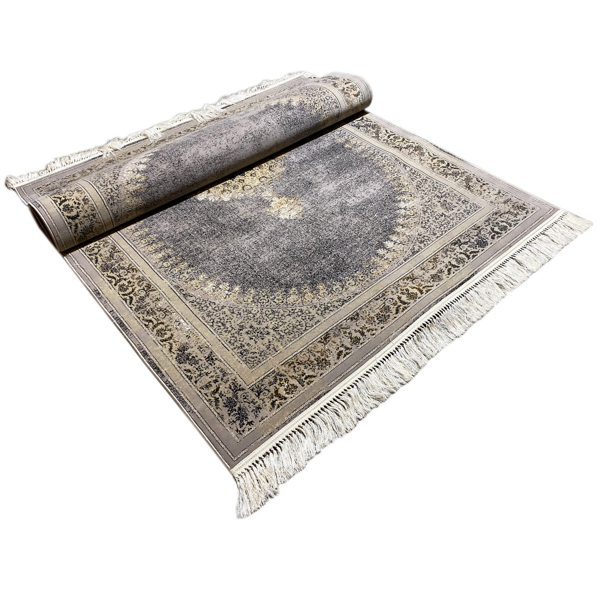 Rolled rug displayed, medallion design, mottled gray, gold border, fringes