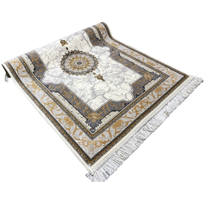 Square rug with fringes on the sides, a light-colored pile, and gold-colored ornamental bands.