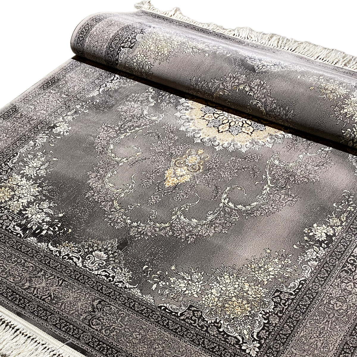 Kashan rug 160x230 cm rolled: gray ornamental pattern with gold-colored highlights
