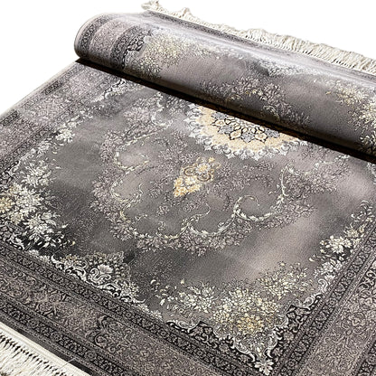 Kashan rug 160x230 cm rolled: gray ornamental pattern with gold-colored highlights