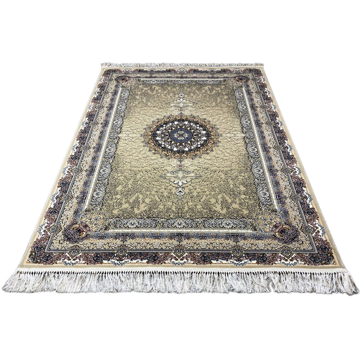 Medallion rug 160x230 flatweave, beige background, blue border ornament and fringe