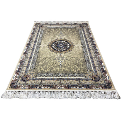 Medallion rug 160x230 flatweave, beige background, blue border ornament and fringe