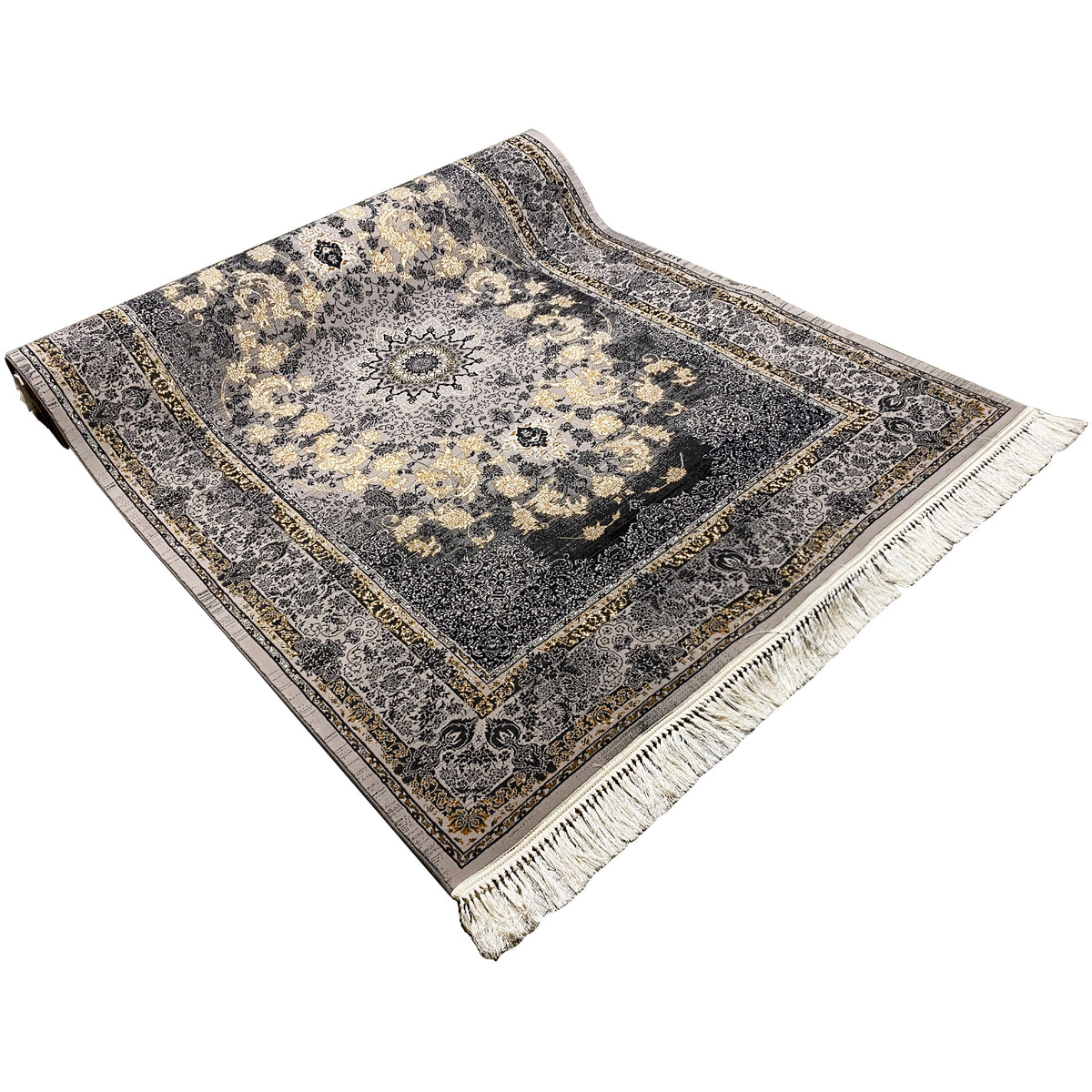 Rug 160x230 viewed from above, dark gray background with medallion, border, and fringes