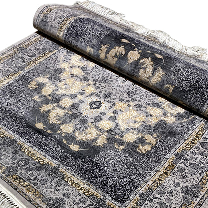 Rolled 160x230 rug, dark gray pattern with golden-beige flowers, fringes along the edge