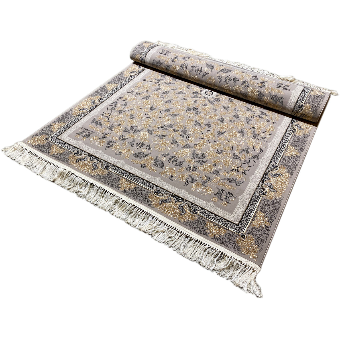 Carpet spread out with a rolled-up runner, gray background, golden floral motifs, border