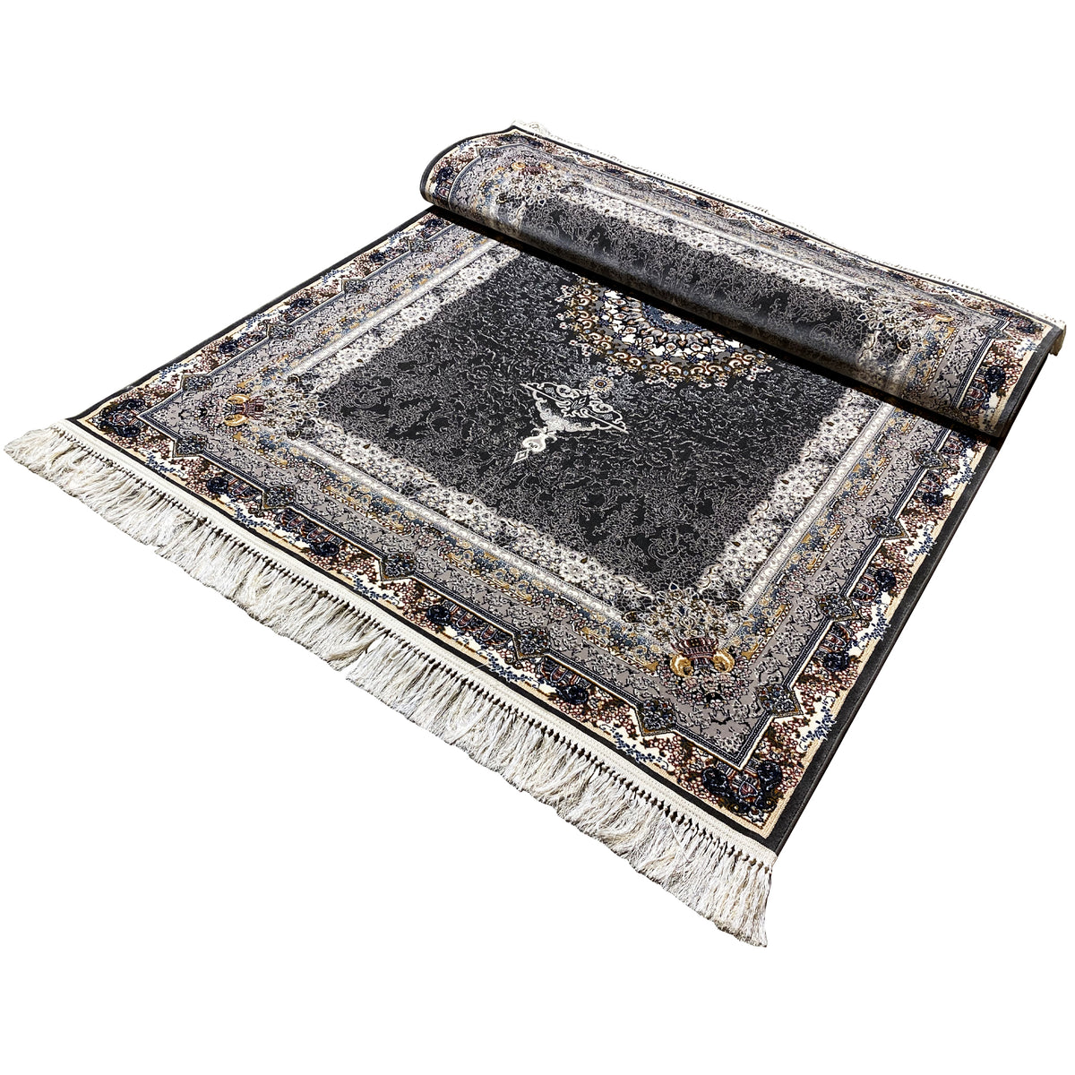 Black oriental rug rolled up, with borders, a golden ornamental circle and fringes