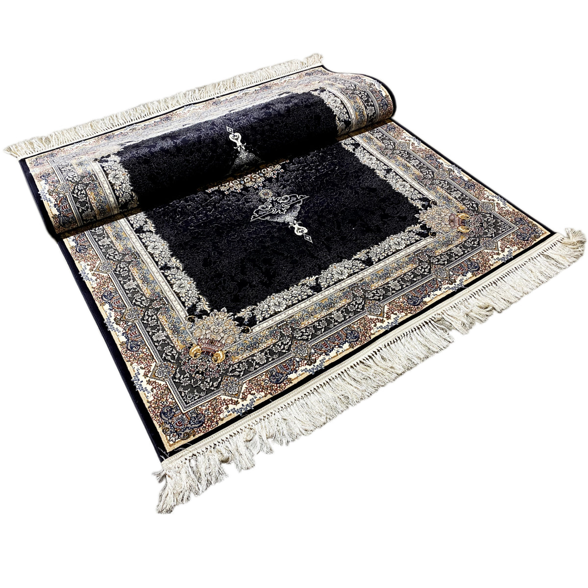 Black carpet rolled/folded: medallion in the center, ornamental border and fringe
