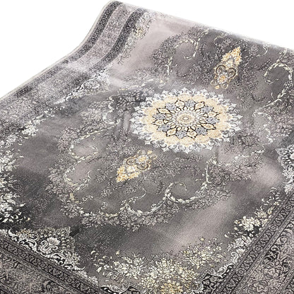 Kashan rug with medallion, gray pile, and gold-colored and white decorative motifs