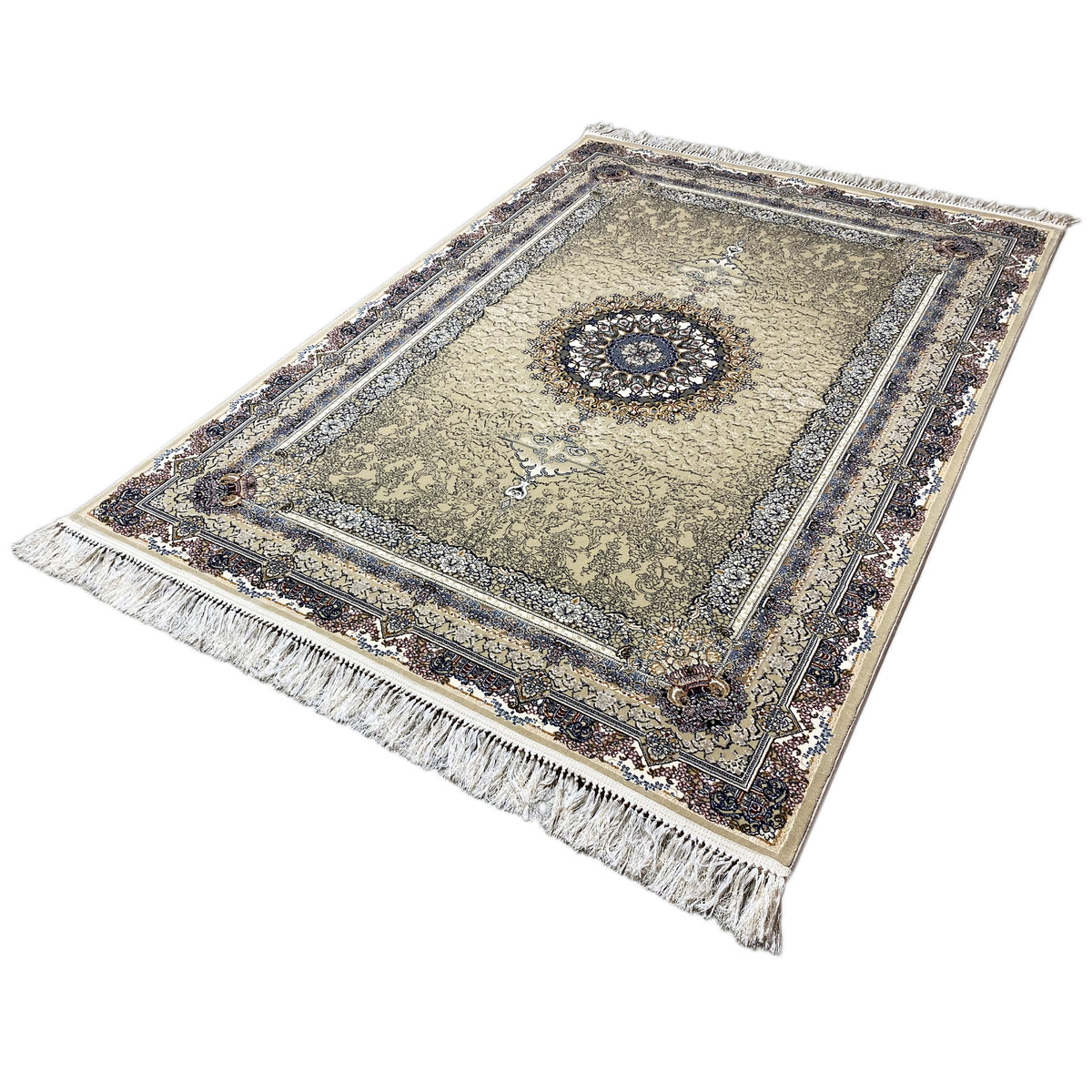 Rectangular medallion rug with beige ornamental pattern, blue border, and fringe
