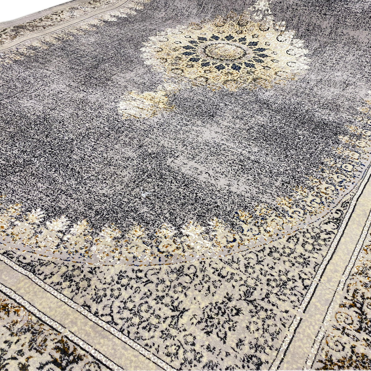 Rug center panel with medallion, mottled gray, gold-beige ornamentation, distinct border
