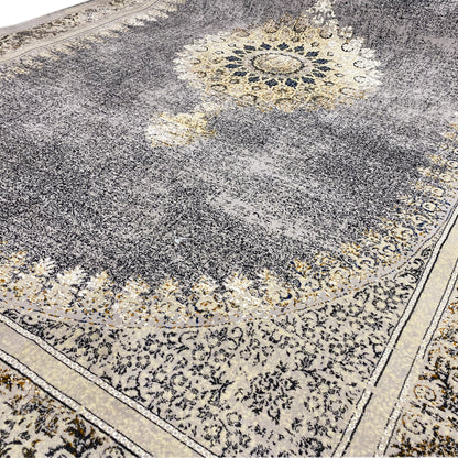 Rug center panel with medallion, mottled gray, gold-beige ornamentation, distinct border