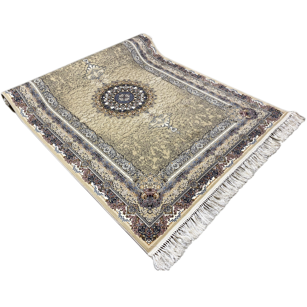 Rectangular medallion rug with a beige vintage pattern, dark blue border, and fringes