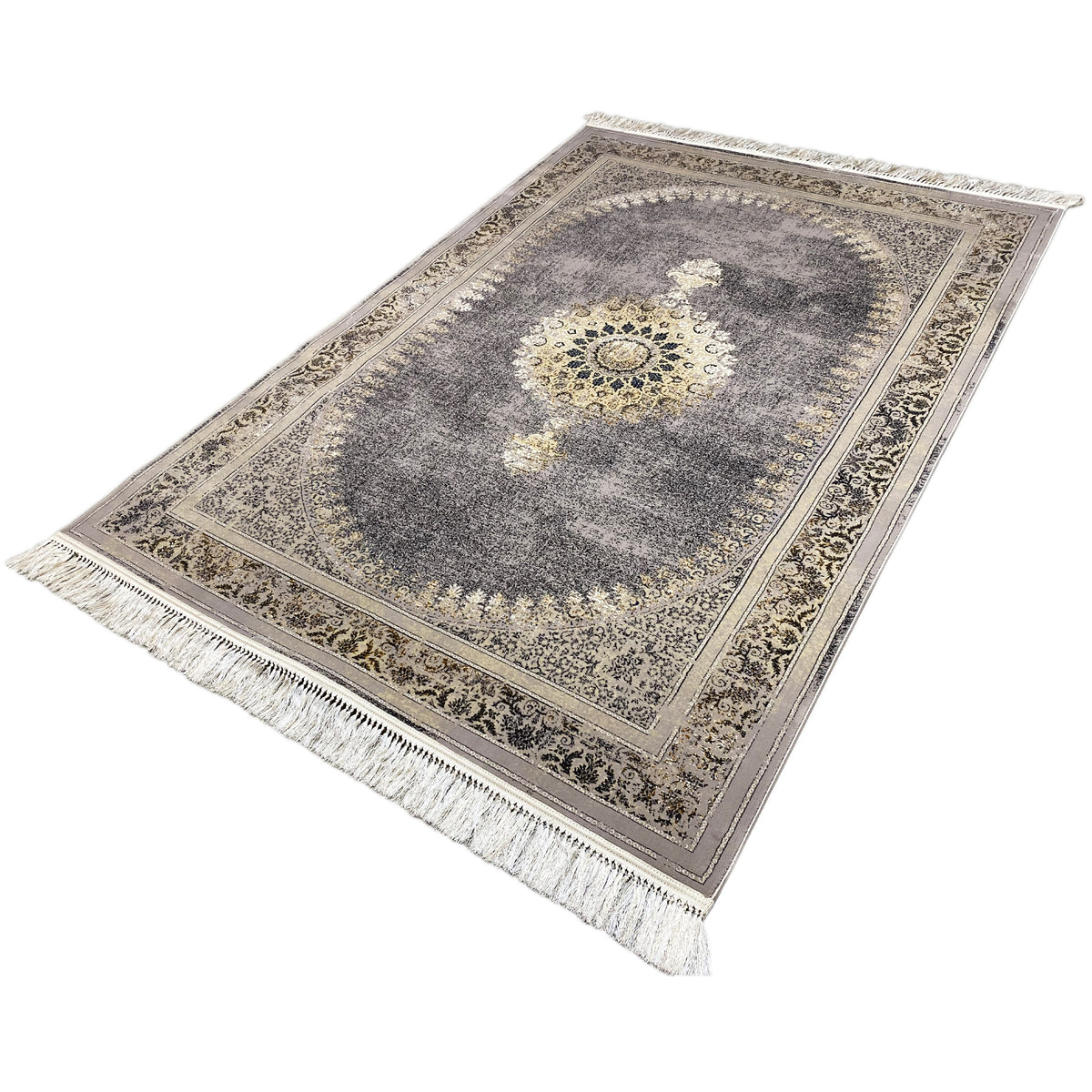 Medallion rug 160x230 in dark gray with floral border and fringes