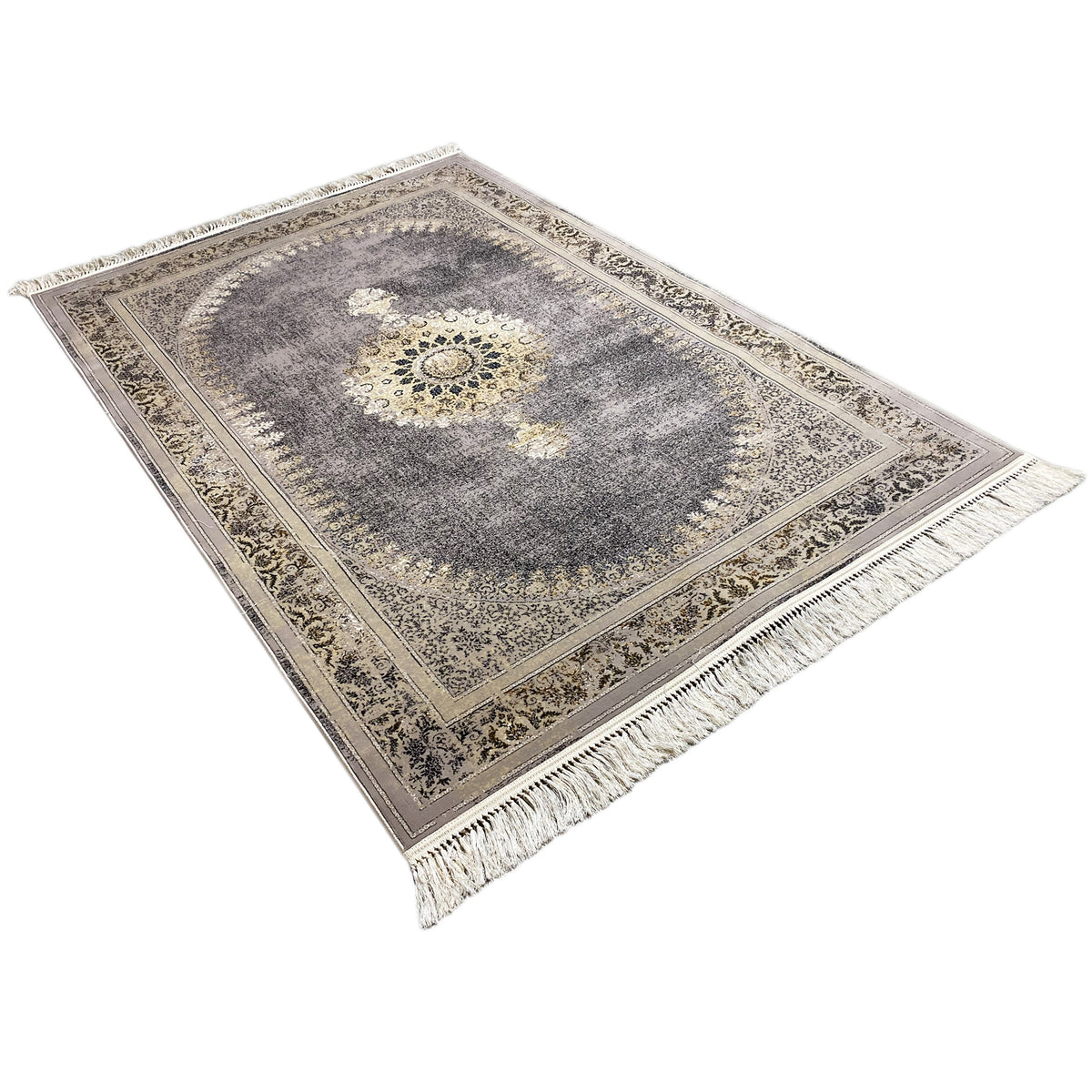 Medallion rug with an oriental-style pattern, dark gray, and fringes