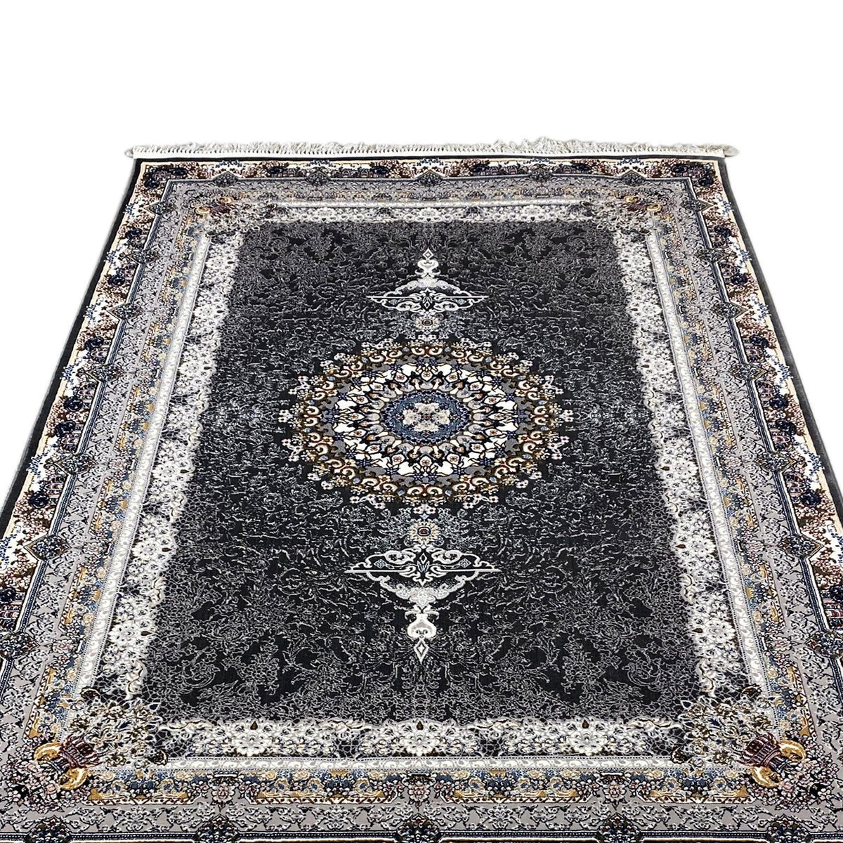 Black oriental rug shown from the front, central medallion, surrounding decorative borders, and fringes