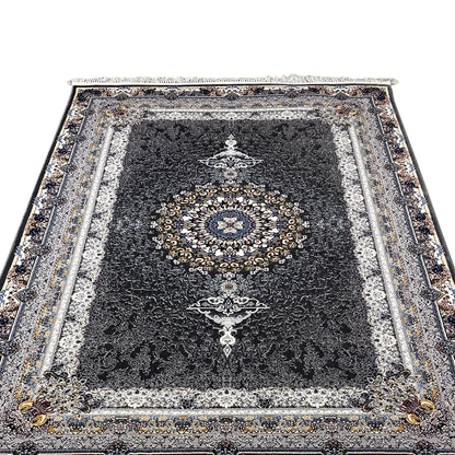 Black oriental rug shown from the front, central medallion, surrounding decorative borders, and fringes