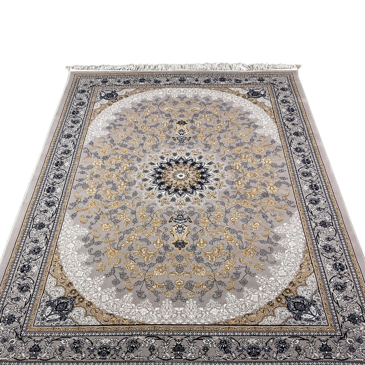 Rug with central medallion, symmetrical ornaments, gray-gold, fringed edges