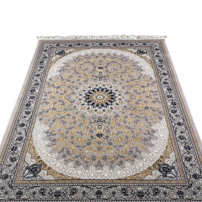 Rug with central medallion, symmetrical ornaments, gray-gold, fringed edges