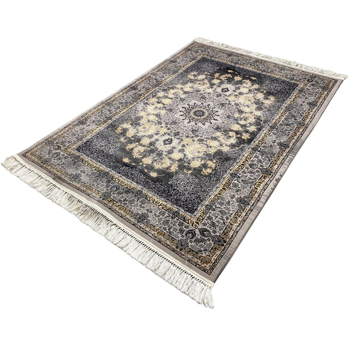 Medallion rug 160x230, lying at an angle, dark gray with golden beige ornaments and fringe