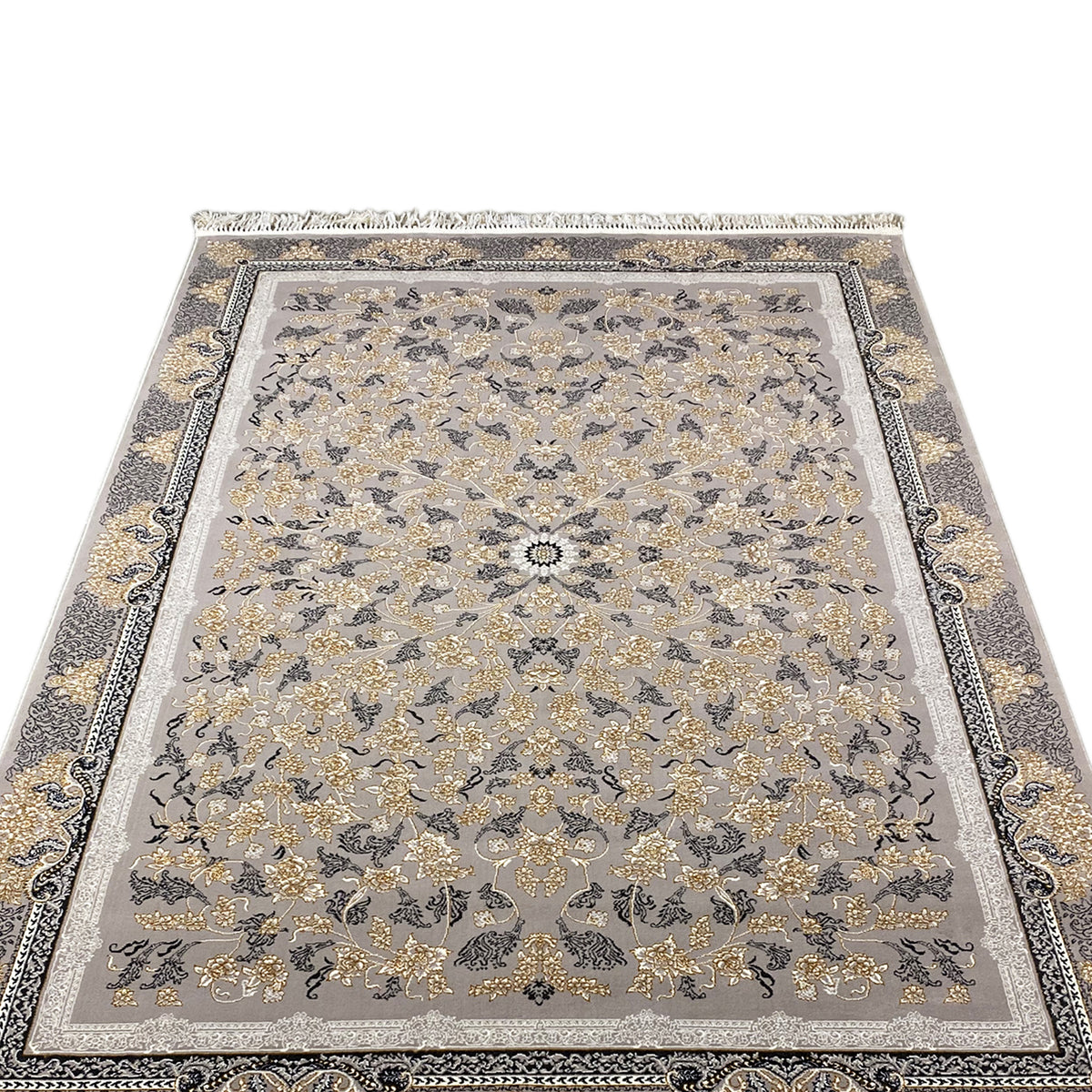 Front-facing rug with a medallion pattern, floral ornaments, a gray background, a decorative border, and fringes