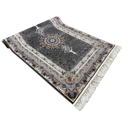 Black Oriental rug with medallion, fringe, and decorative blue-and-gold borders