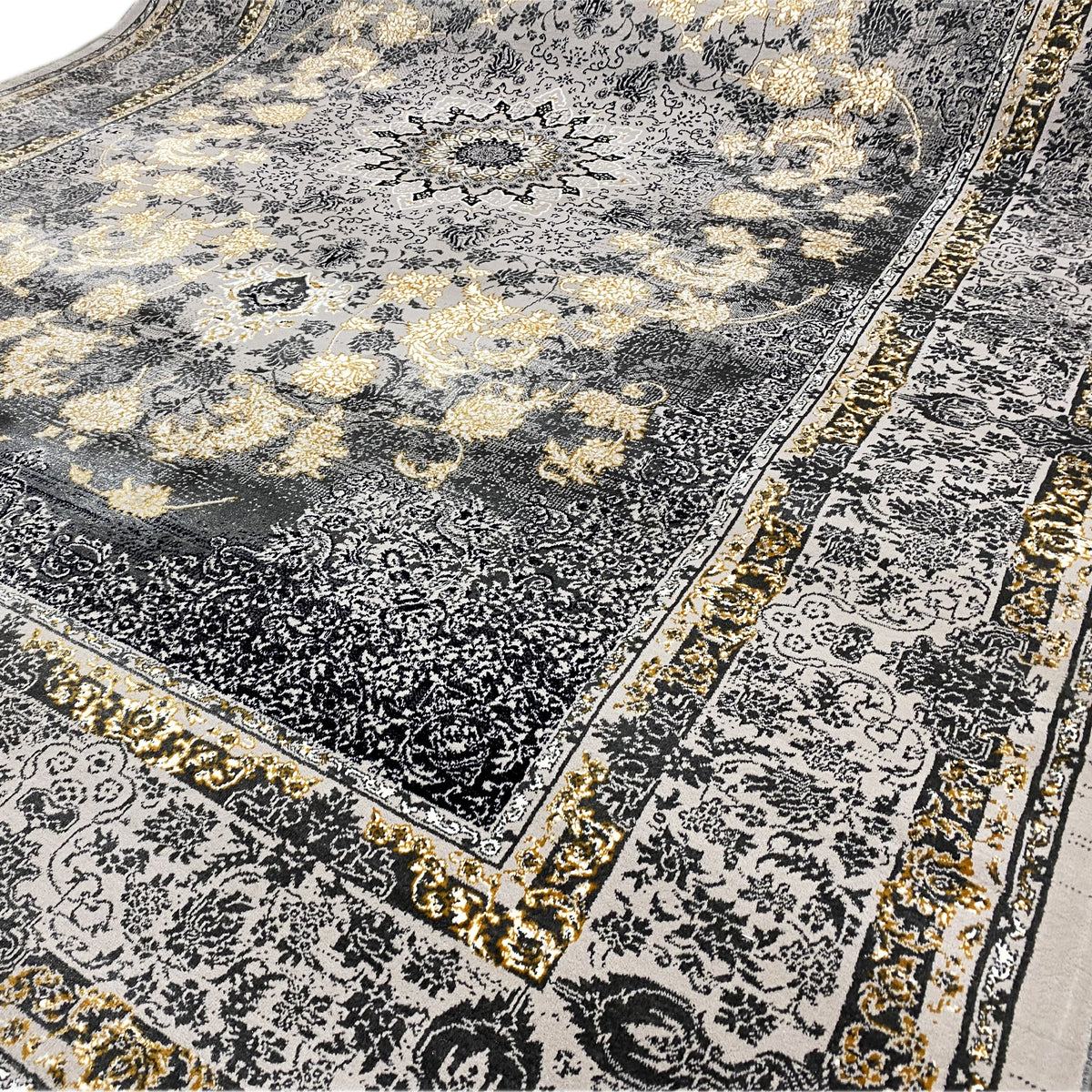 Detailed view of 160x230 rug: Border pattern, dark gray with golden beige accents