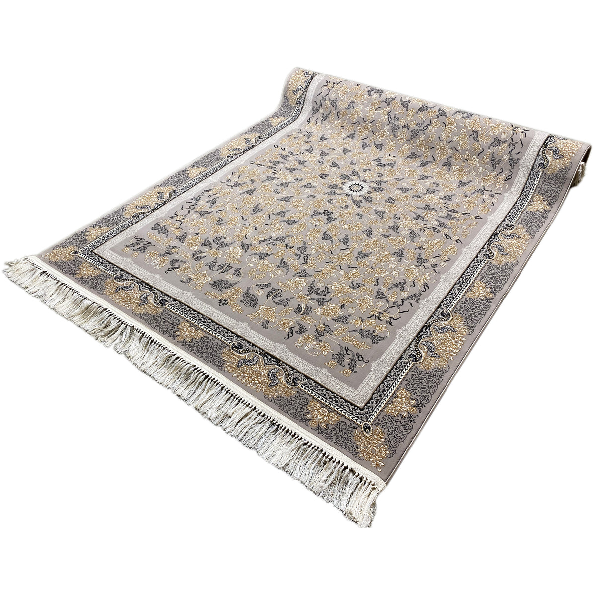 Rug in angled view, floral ornament medallion in gray and gold, dark border, fringes