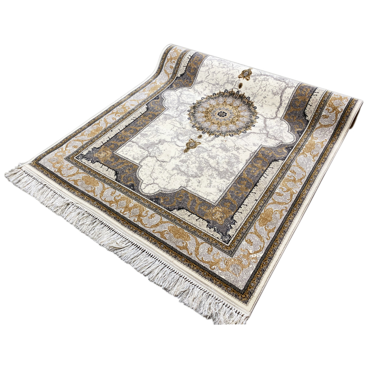 Ornamental cream rug with a round center and gold-colored embellishments, with fringes.