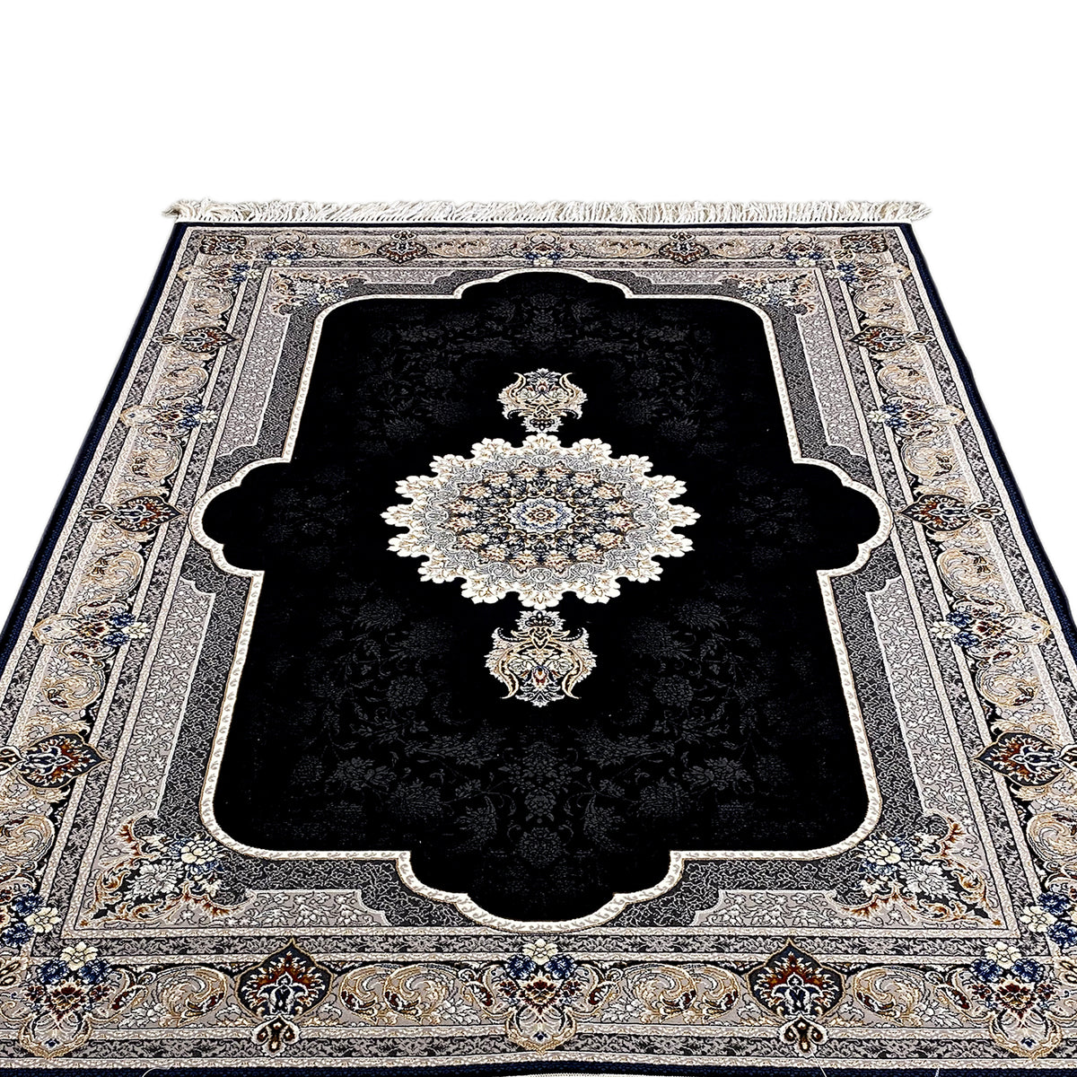 Carpet shown in full: black pile with a large central cream ornament, Baroque border, fringe