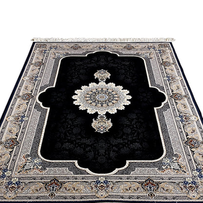 Carpet shown in full: black pile with a large central cream ornament, Baroque border, fringe