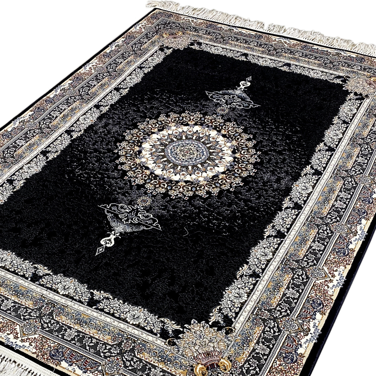 Oblique view: black carpet with central medallion, ornamental border and fringes