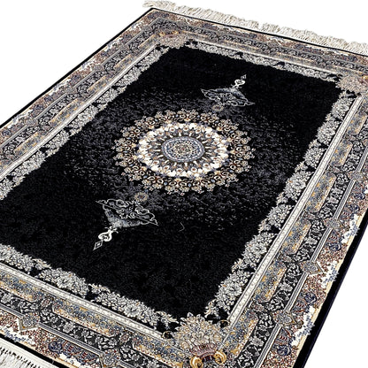 Oblique view: black carpet with central medallion, ornamental border and fringes