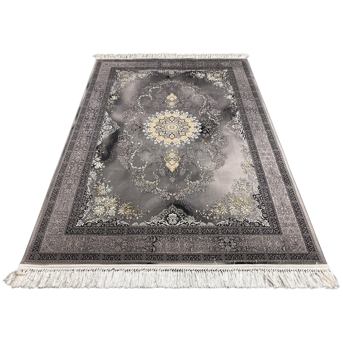 Rectangular Kashan rug in gray with a medallion center, ornamental border, and fringes