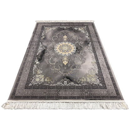 Rectangular Kashan rug in gray with a medallion center, ornamental border, and fringes