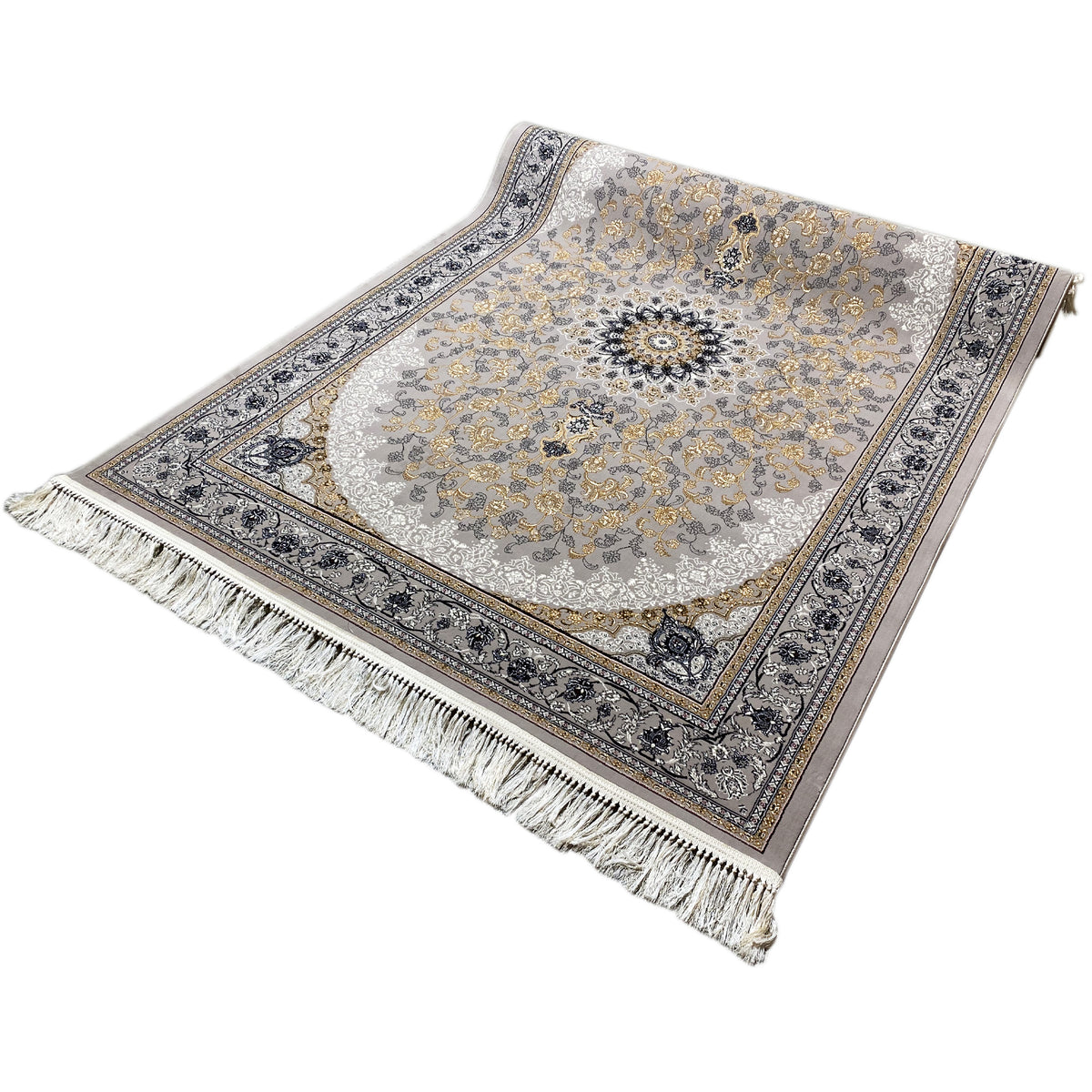 Medallion rug 160x230 cm: gray base, floral pattern, dark blue border, fringes