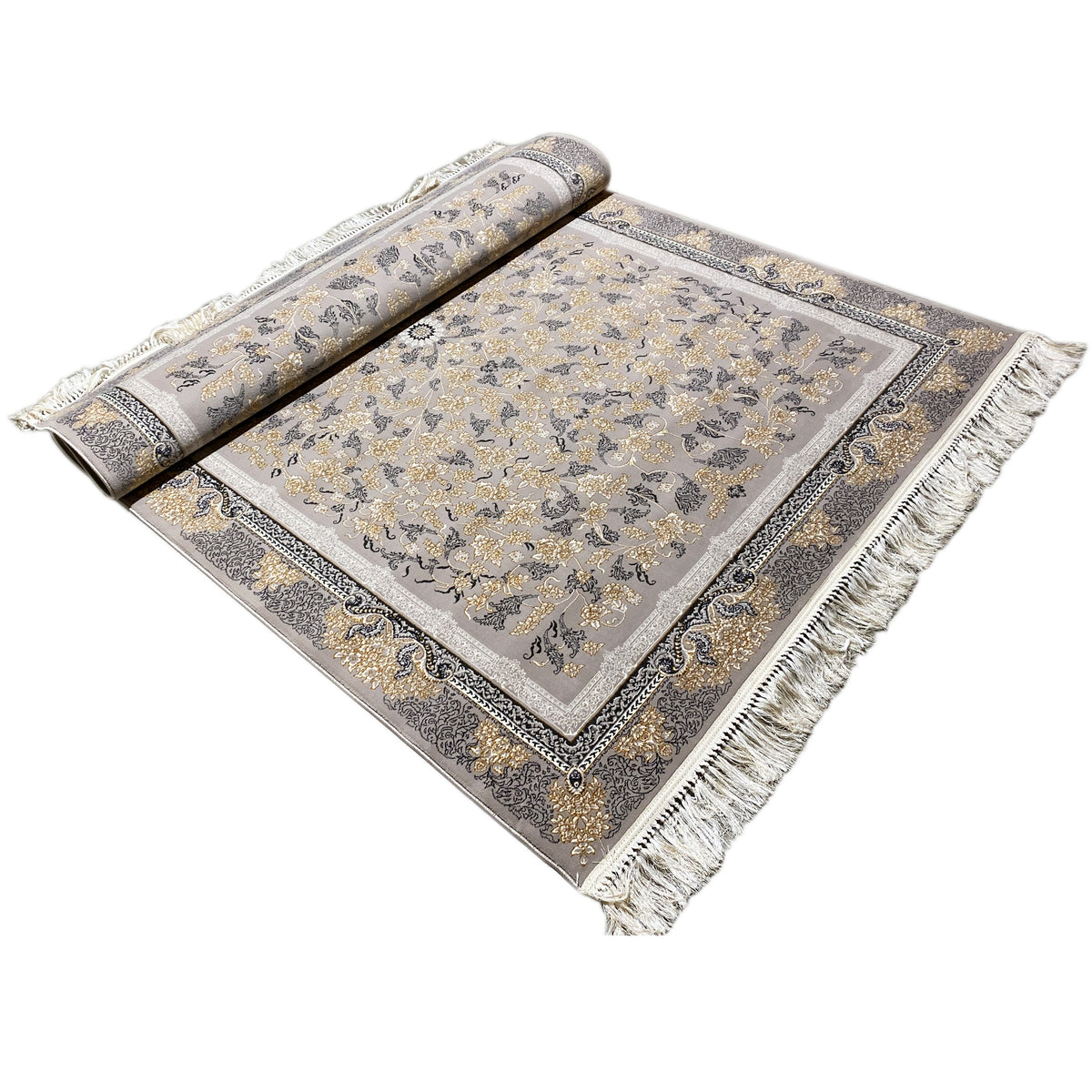 Gray-beige medallion rug with floral ornaments, border, and fringes