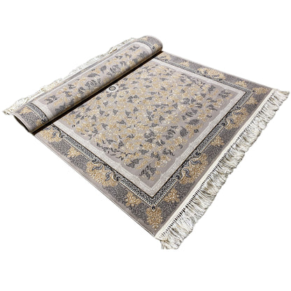 Gray-beige medallion rug with floral ornaments, border, and fringes