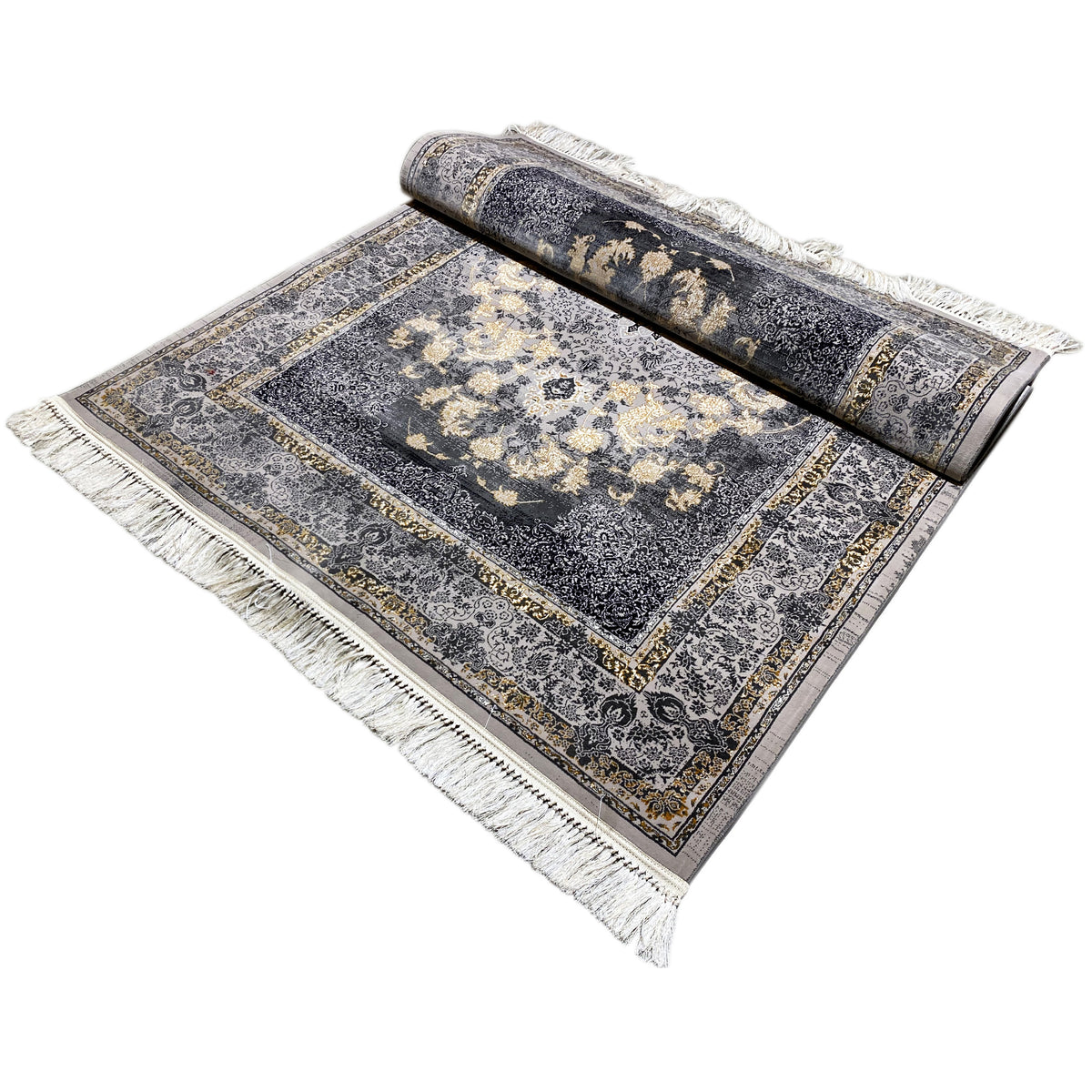 Medallion rug with a dark blue ornamental pattern, beige accents, fringes, 160x230