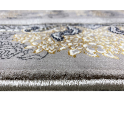 Medallion rug with a floral pattern, gray with gold accents, low pile