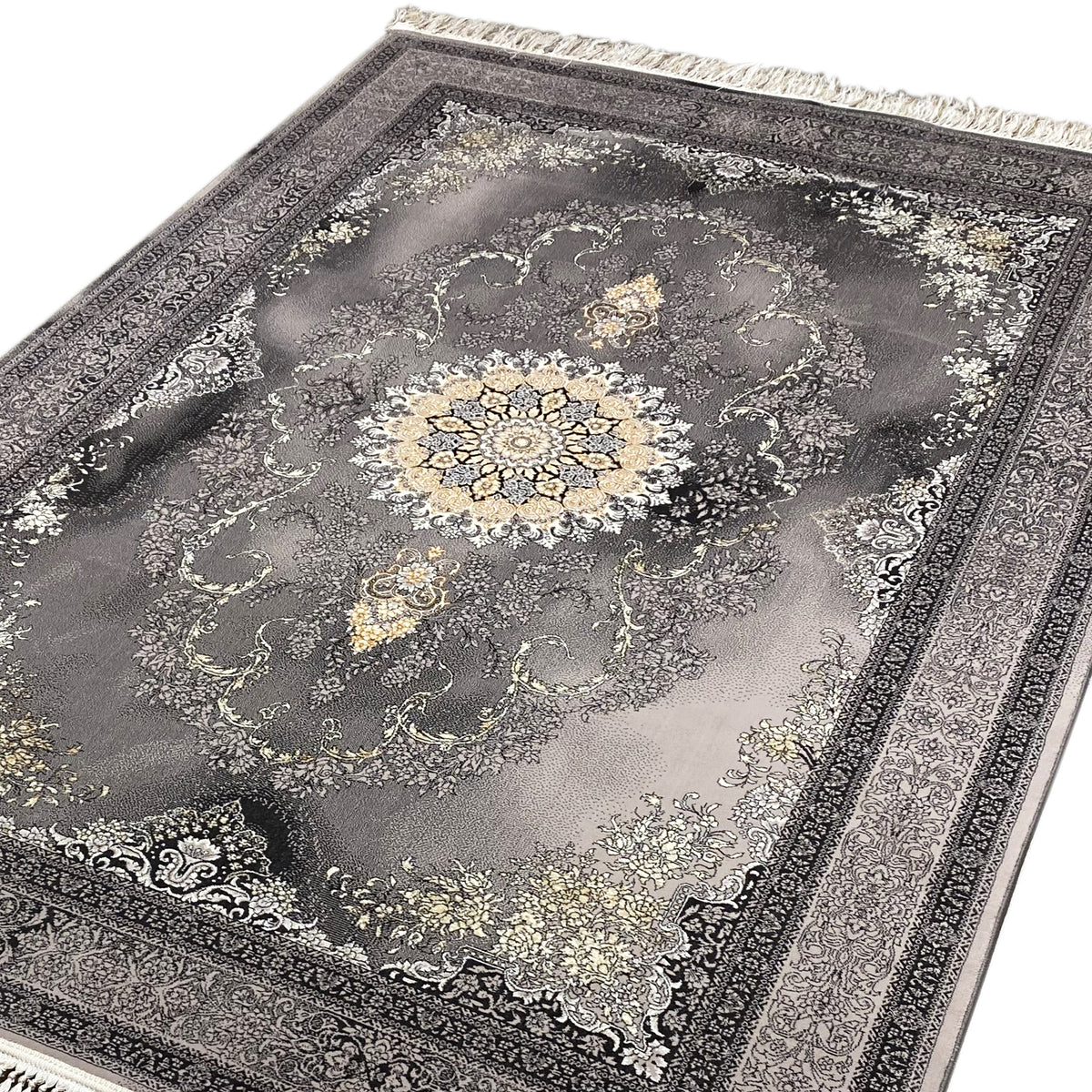 Kashan rug spread out with a medallion, gray background, golden details, and an ornamental border