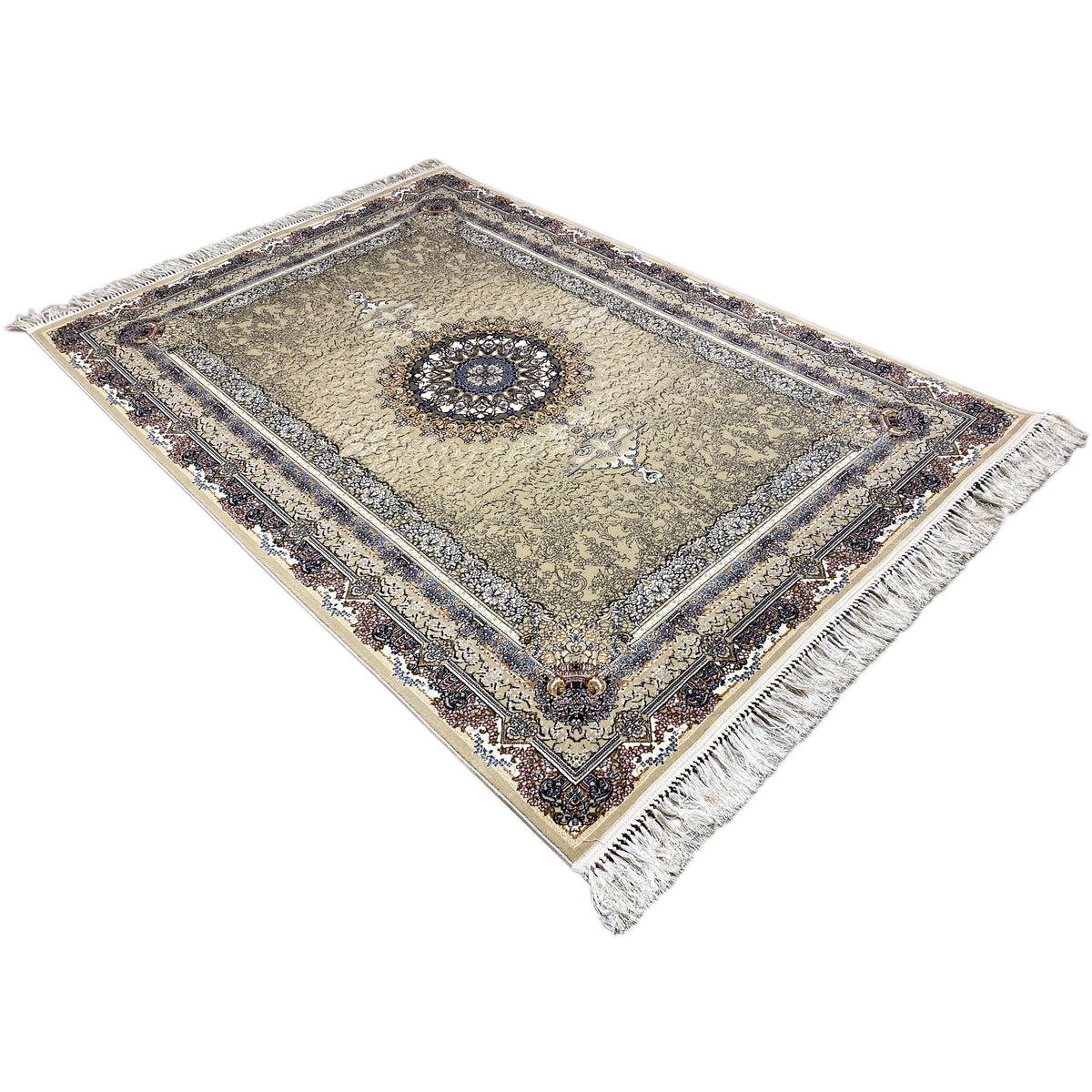 Rectangular medallion rug: beige base with a blue decorative border and fringes