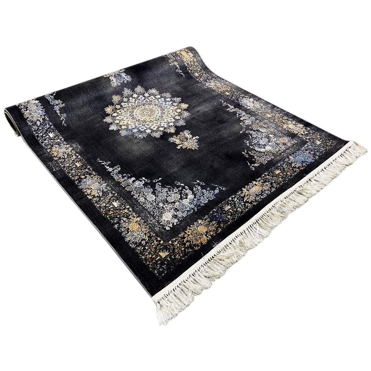 Square rug made of dark fabric with gold and silver ornaments, fringes