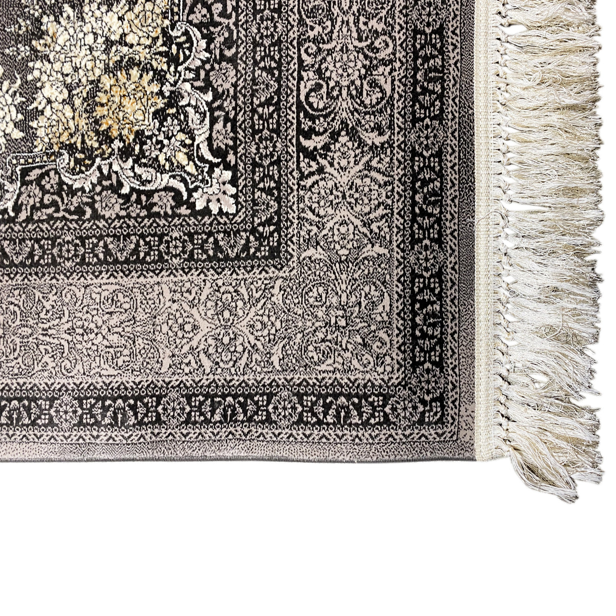 Kashan rug border with fringe: black pile with a white and gold-colored pattern