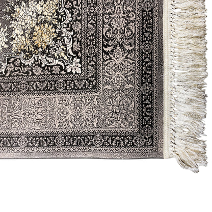 Kashan rug border with fringe: black pile with a white and gold-colored pattern