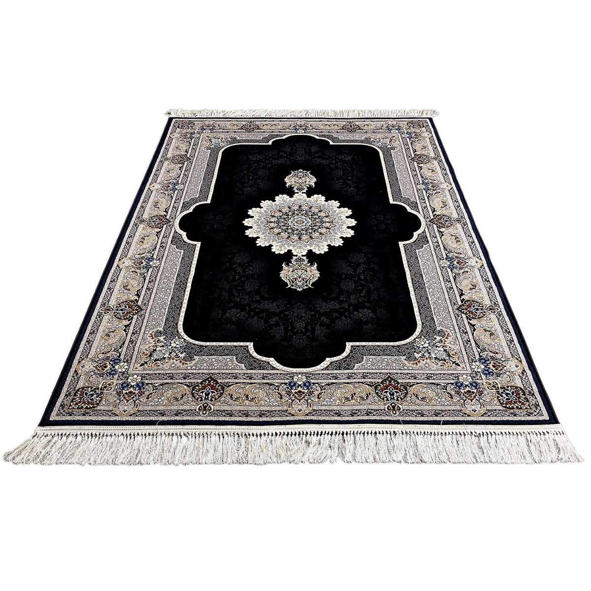 Rug in rectangular view: black pile with a central ornament, Baroque border, and fringes at the bottom