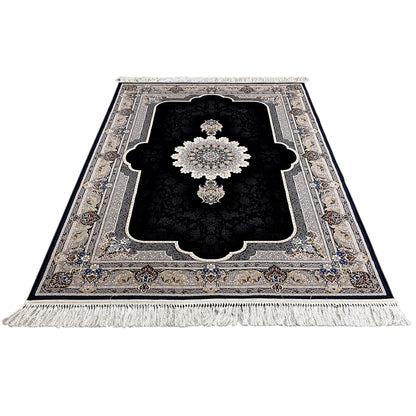Rug in rectangular view: black pile with a central ornament, Baroque border, and fringes at the bottom