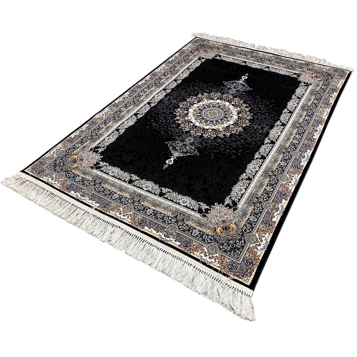 Angled view: black rug with a central medallion, ornate border, and fringes